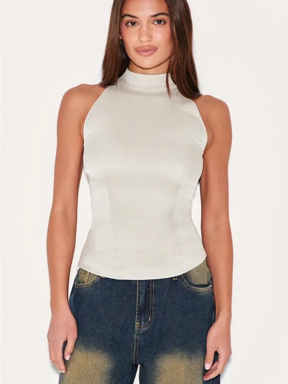 PrettyLittleThing Sleeveless Mock Neck Cream Top